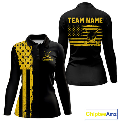 Black And Yellow American Flag Mens Golf Polo Shirts Custom Name Patriotic Team Golf Uniform Nqs10018 NYN4454