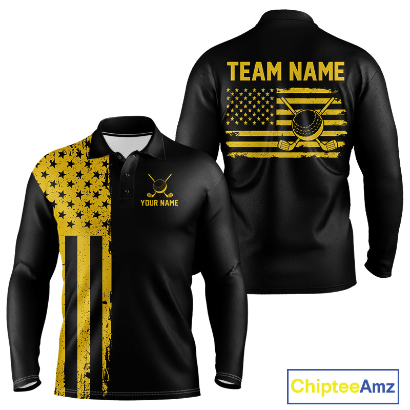 Black And Yellow American Flag Mens Golf Polo Shirts Custom Name Patriotic Team Golf Uniform Nqs10018 NYN4454