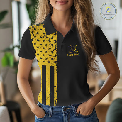 Black And Yellow American Flag Mens Golf Polo Shirts Custom Name Patriotic Team Golf Uniform Nqs10018 NYN4454