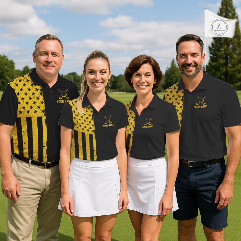 Black And Yellow American Flag Mens Golf Polo Shirts Custom Name Patriotic Team Golf Uniform Nqs10018 NYN4454