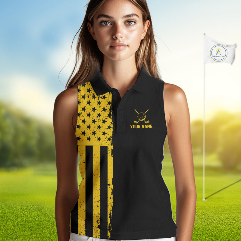 Black And Yellow American Flag Mens Golf Sleeveless Polo Shirts Custom Name Patriotic Team Golf Uniform Nqs10018 NYN4454