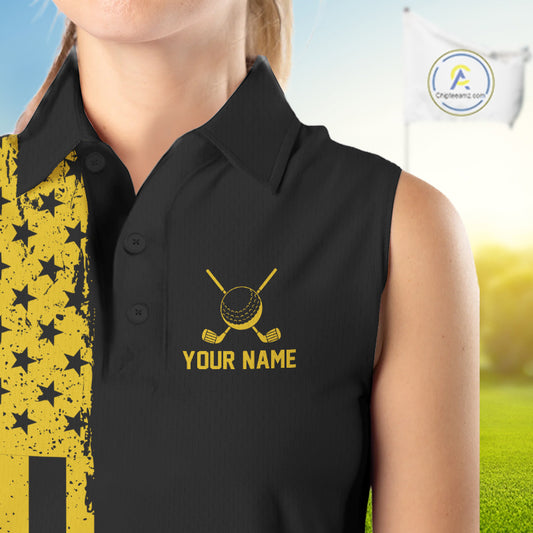 Black And Yellow American Flag Mens Golf Sleeveless Polo Shirts Custom Name Patriotic Team Golf Uniform Nqs10018 NYN4454