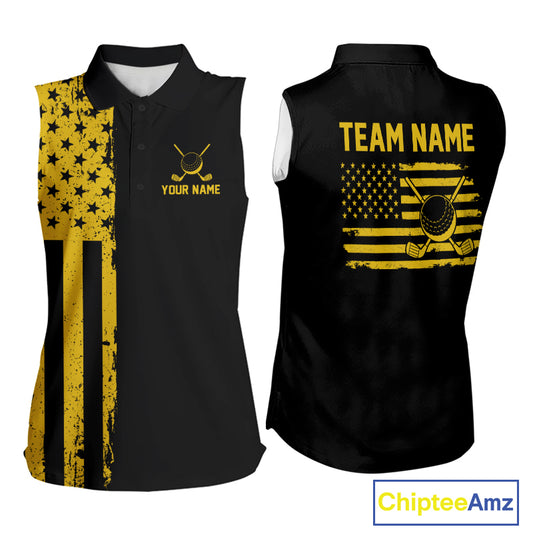 Black And Yellow American Flag Mens Golf Sleeveless Polo Shirts Custom Name Patriotic Team Golf Uniform Nqs10018 NYN4454