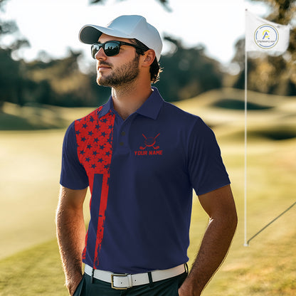 Navy And Red American Flag Mens Golf Polo Shirts Custom Name Patriotic Team Golf Uniform Nqs10019 NYN4455