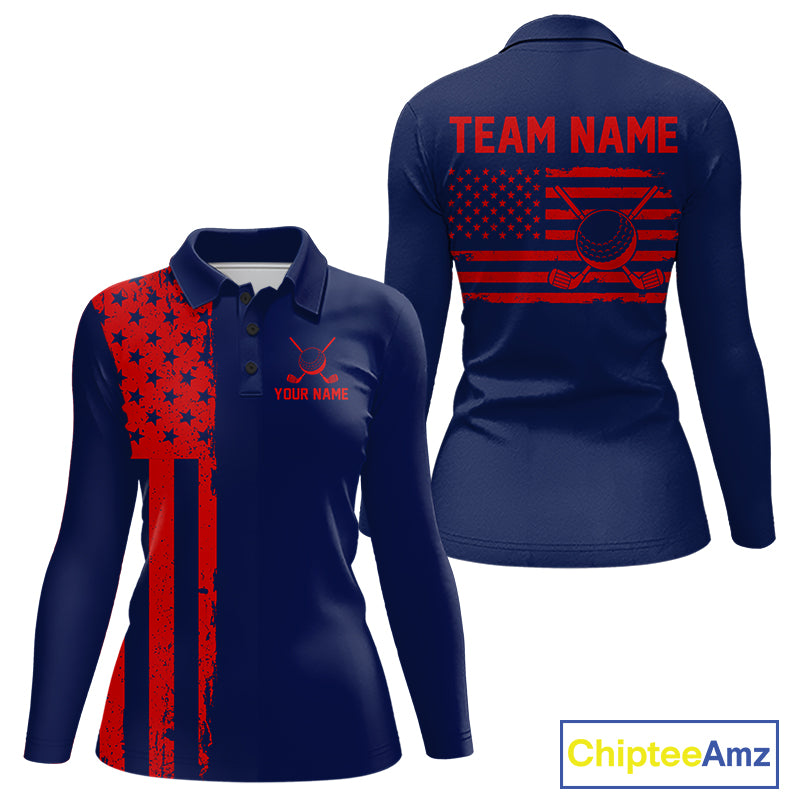 Navy And Red American Flag Women Golf Polo Shirts Custom Name Patriotic Team Golf Uniform Nqs10019 NYN4455