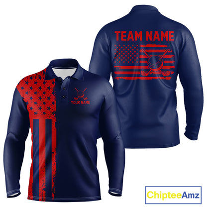 Navy And Red American Flag Mens Golf Polo Shirts Custom Name Patriotic Team Golf Uniform Nqs10019 NYN4455