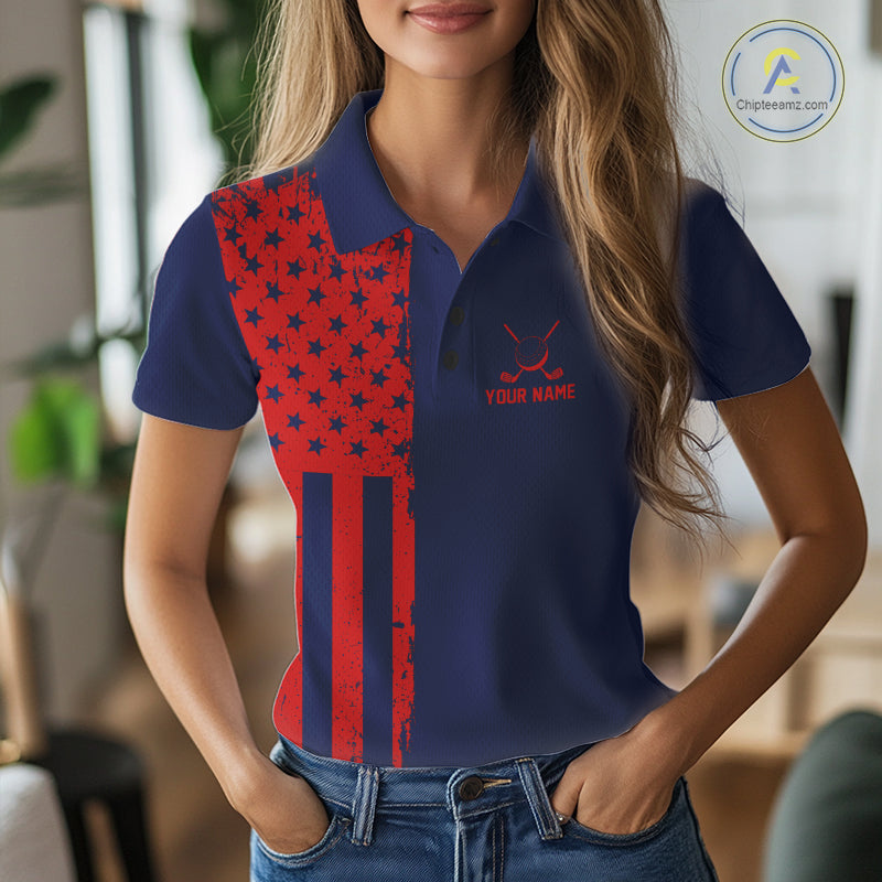 Navy And Red American Flag Women Golf Polo Shirts Custom Name Patriotic Team Golf Uniform Nqs10019 NYN4455