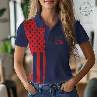 Navy And Red American Flag Women Golf Polo Shirts Custom Name Patriotic Team Golf Uniform Nqs10019 NYN4455
