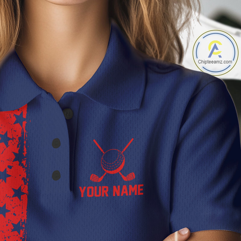Navy And Red American Flag Women Golf Polo Shirts Custom Name Patriotic Team Golf Uniform Nqs10019 NYN4455