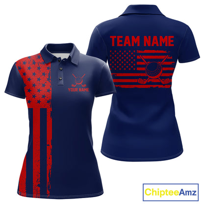Navy And Red American Flag Women Golf Polo Shirts Custom Name Patriotic Team Golf Uniform Nqs10019 NYN4455
