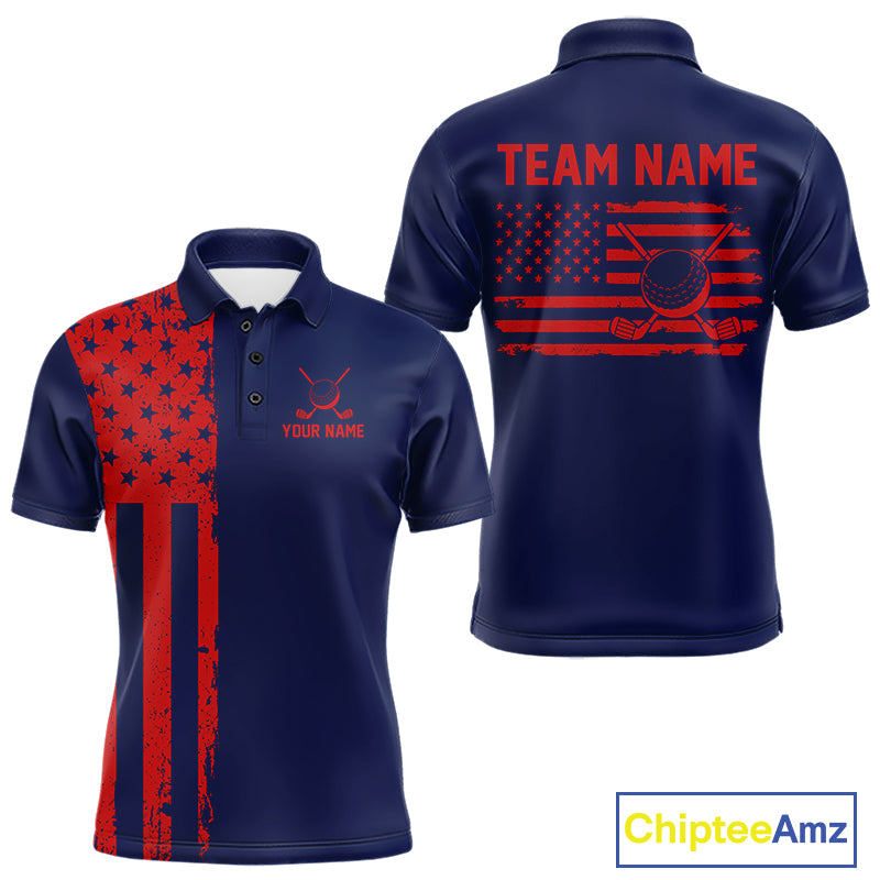 Navy And Red American Flag Mens Golf Polo Shirts Custom Name Patriotic Team Golf Uniform Nqs10019 NYN4455