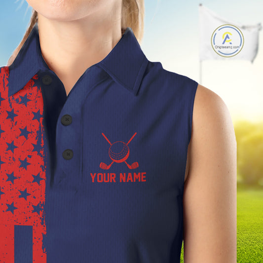 Navy And Red American Flag Women Golf Sleeveless Polo Shirts Custom Name Patriotic Team Golf Uniform Nqs10019 NYN4455