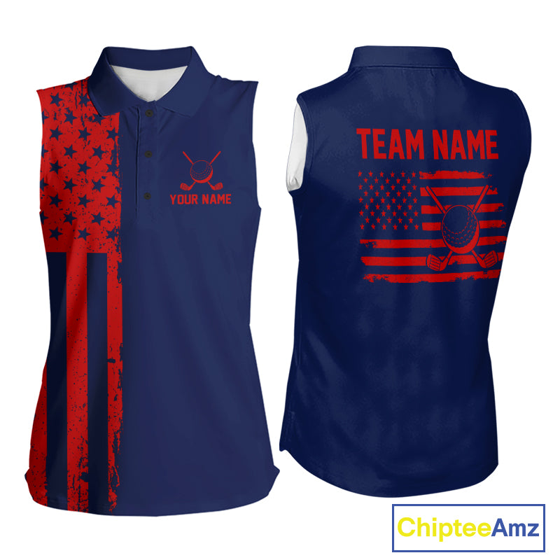 Navy And Red American Flag Women Golf Sleeveless Polo Shirts Custom Name Patriotic Team Golf Uniform Nqs10019 NYN4455
