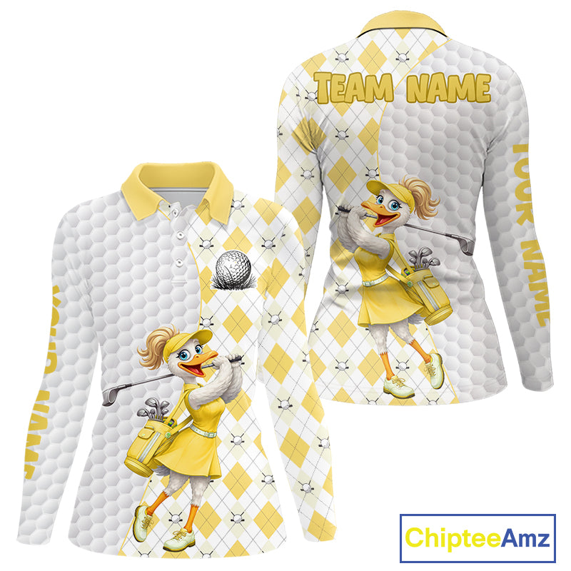 Custom Yellow Argyle Golf Polo Shirts For Women Funny Duck Golfer Best Golf Clothing Shirts NYN4461