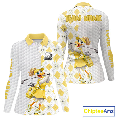 Custom Yellow Argyle Golf Polo Shirts For Women Funny Duck Golfer Best Golf Clothing Shirts NYN4461