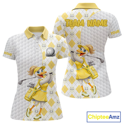 Custom Yellow Argyle Golf Polo Shirts For Women Funny Duck Golfer Best Golf Clothing Shirts NYN4461