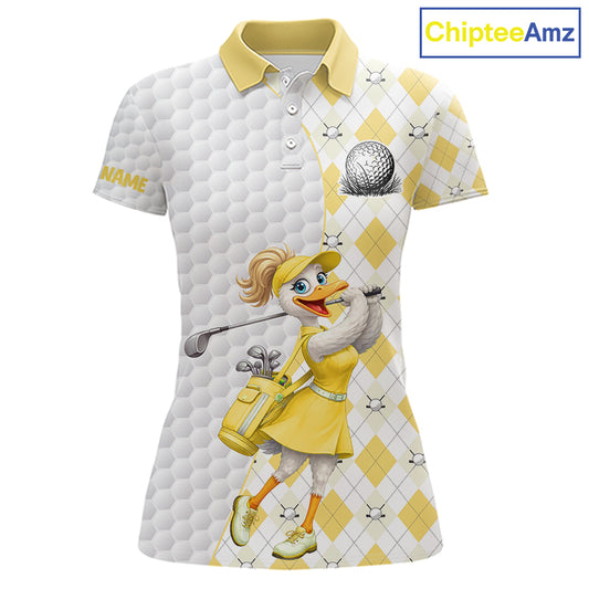 Custom Yellow Argyle Golf Polo Shirts For Women Funny Duck Golfer Best Golf Clothing Shirts NYN4461