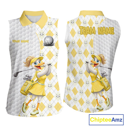 Custom Yellow Argyle Golf Sleeveless Polo Shirts For Women Funny Duck Golfer Best Golf Clothing Shirts NYN4461