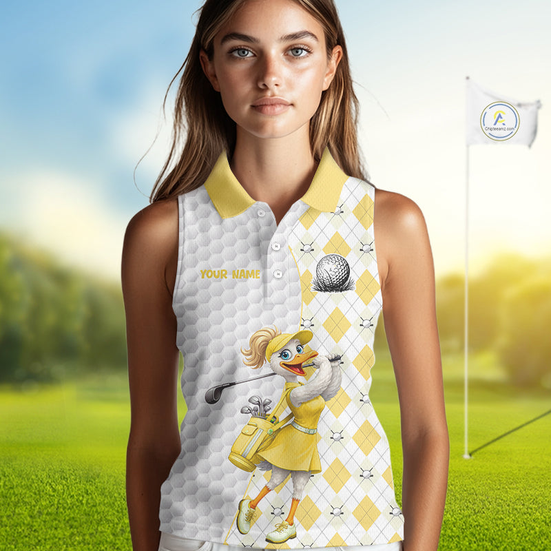 Custom Yellow Argyle Golf Sleeveless Polo Shirts For Women Funny Duck Golfer Best Golf Clothing Shirts NYN4461