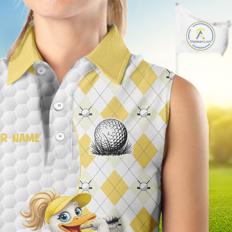 Custom Yellow Argyle Golf Sleeveless Polo Shirts For Women Funny Duck Golfer Best Golf Clothing Shirts NYN4461