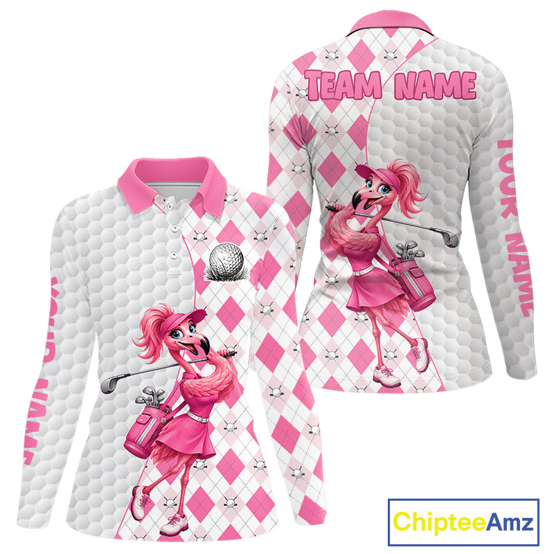 Custom Pink Argyle Golf Polo Shirts For Women Funny Flamingo Golfer Best Golf Clothing Shirts NYN4462