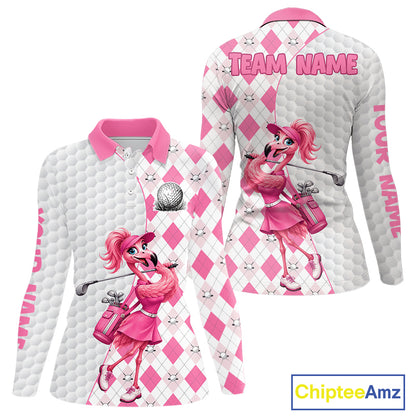 Custom Pink Argyle Golf Polo Shirts For Women Funny Flamingo Golfer Best Golf Clothing Shirts NYN4462