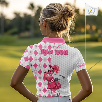 Custom Pink Argyle Golf Polo Shirts For Women Funny Flamingo Golfer Best Golf Clothing Shirts NYN4462