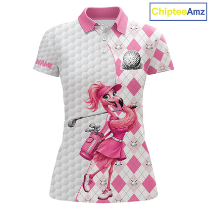 Custom Pink Argyle Golf Polo Shirts For Women Funny Flamingo Golfer Best Golf Clothing Shirts NYN4462