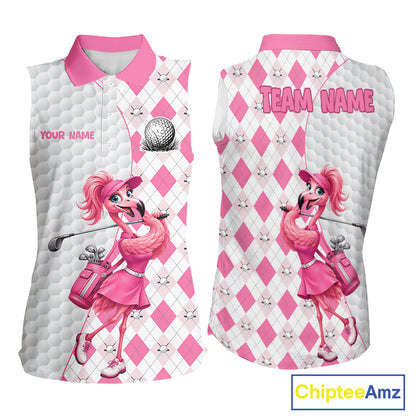 Custom Pink Argyle Golf Sleeveless Polo Shirts For Women Funny Flamingo Golfer Best Golf Clothing Shirts NYN4462