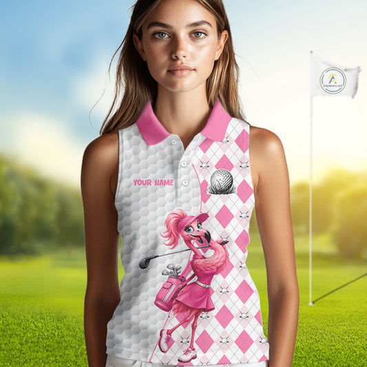 Custom Pink Argyle Golf Sleeveless Polo Shirts For Women Funny Flamingo Golfer Best Golf Clothing Shirts NYN4462