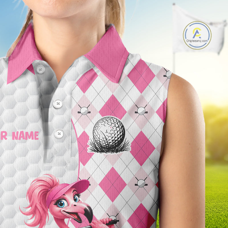 Custom Pink Argyle Golf Sleeveless Polo Shirts For Women Funny Flamingo Golfer Best Golf Clothing Shirts NYN4462