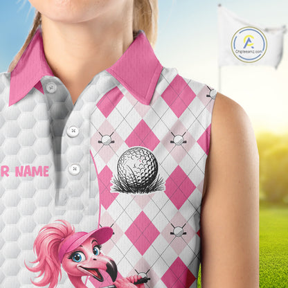 Custom Pink Argyle Golf Sleeveless Polo Shirts For Women Funny Flamingo Golfer Best Golf Clothing Shirts NYN4462