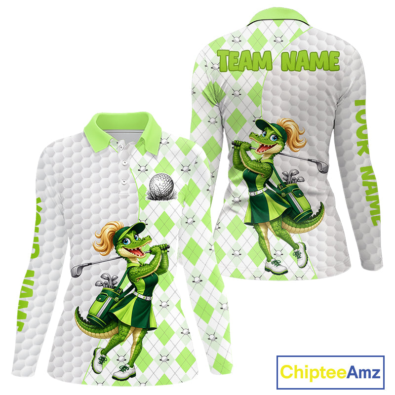 Custom Green Argyle Golf Polo Shirts For Women Funny Alligator Golfer Best Golf Clothing Shirts NYN4463