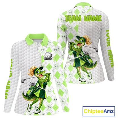 Custom Green Argyle Golf Polo Shirts For Women Funny Alligator Golfer Best Golf Clothing Shirts NYN4463