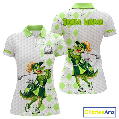 Custom Green Argyle Golf Polo Shirts For Women Funny Alligator Golfer Best Golf Clothing Shirts NYN4463