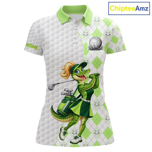 Custom Green Argyle Golf Polo Shirts For Women Funny Alligator Golfer Best Golf Clothing Shirts NYN4463
