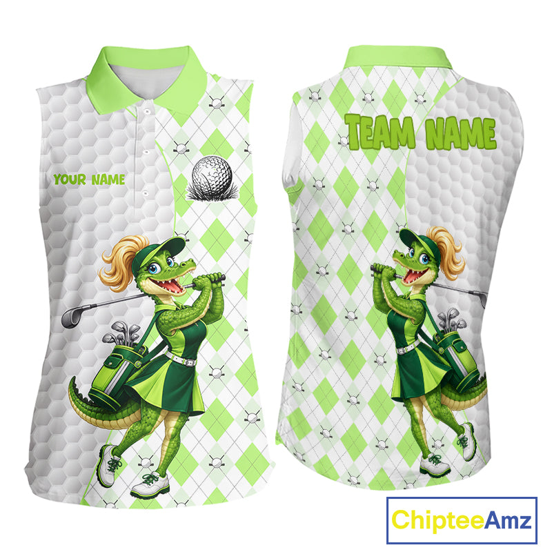 Custom Green Argyle Golf Sleeveless Polo Shirts For Women Funny Alligator Golfer Best Golf Clothing Shirts NYN4463