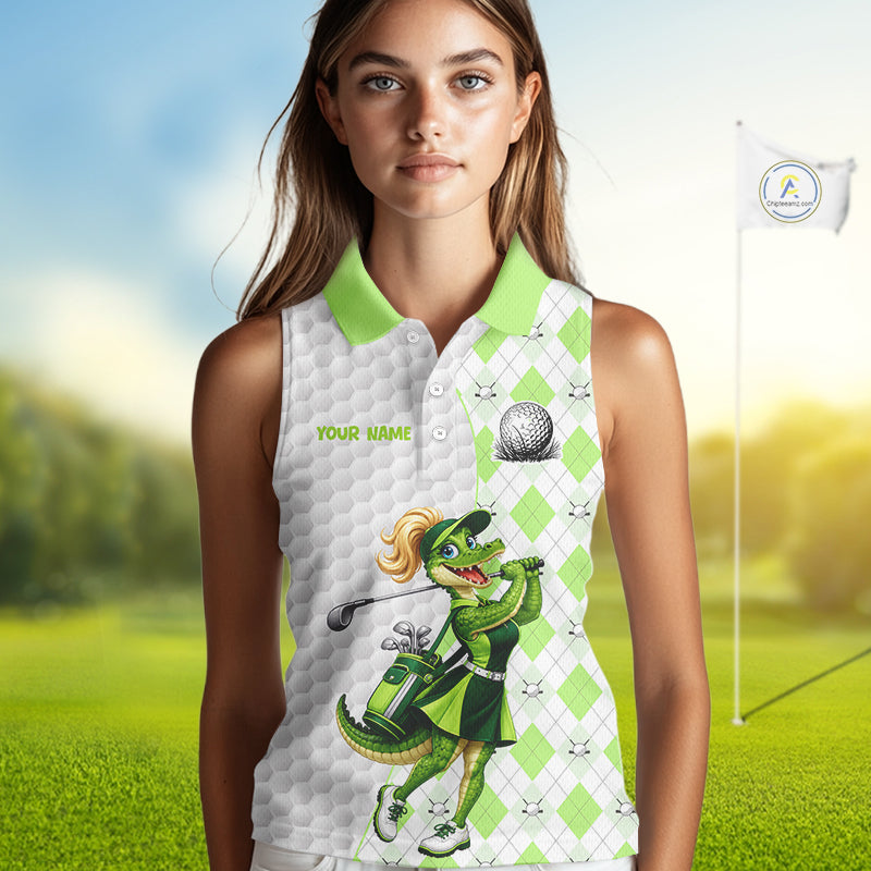 Custom Green Argyle Golf Sleeveless Polo Shirts For Women Funny Alligator Golfer Best Golf Clothing Shirts NYN4463