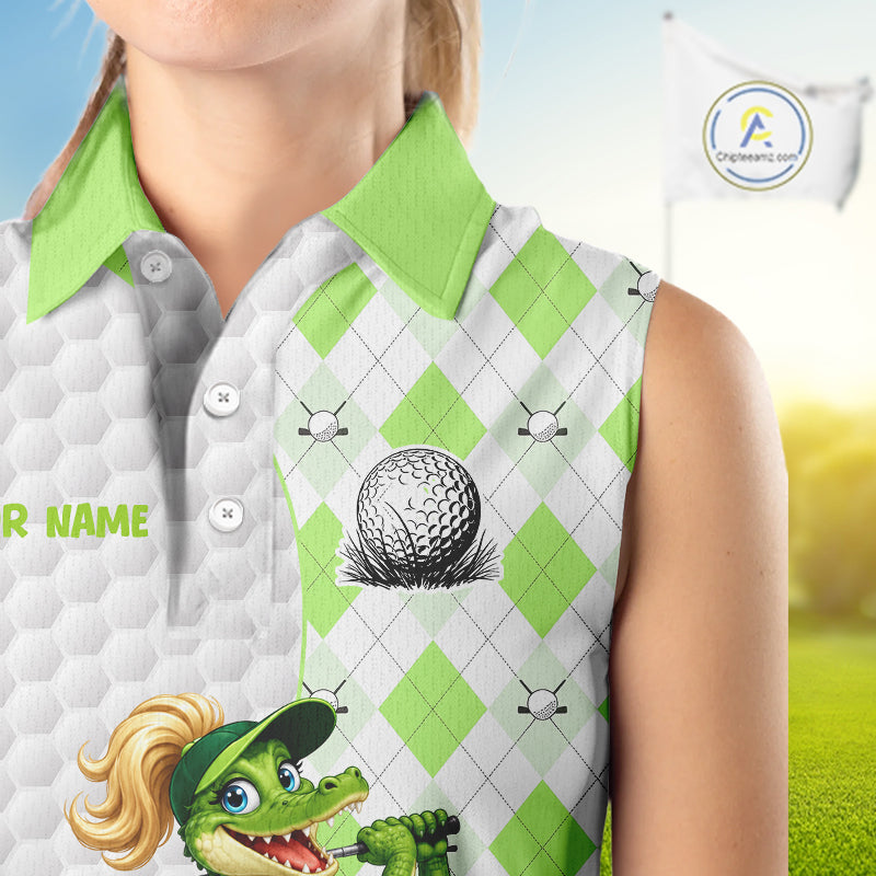 Custom Green Argyle Golf Sleeveless Polo Shirts For Women Funny Alligator Golfer Best Golf Clothing Shirts NYN4463