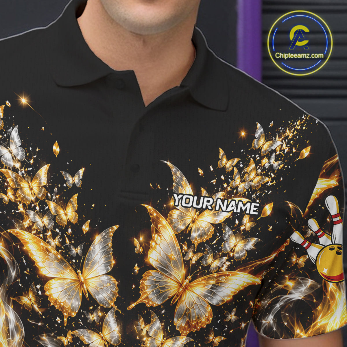 Custom Glowing Butterflies Bowling Polo For Men Silver & Gold Smoke Bowling Team Jersey Apparel NYN4832