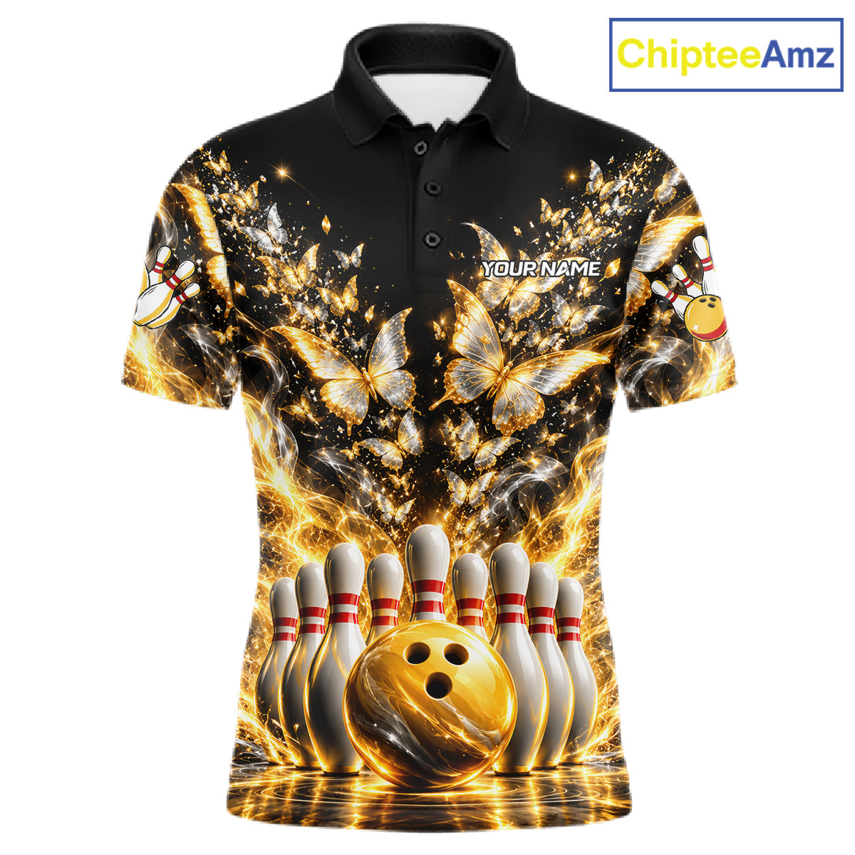 Custom Glowing Butterflies Bowling Polo For Men Silver & Gold Smoke Bowling Team Jersey Apparel NYN4832