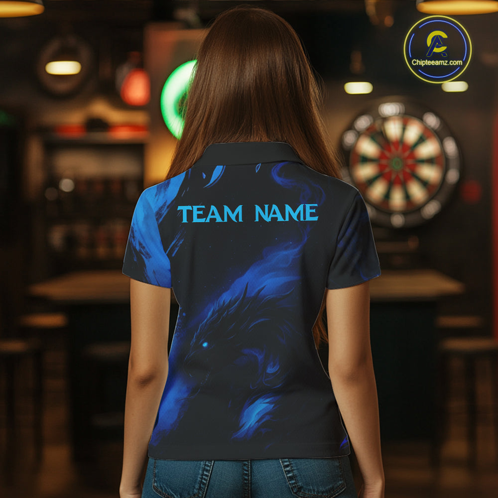Personalized Black And Blue Flames Dragon Dart Polo Shirts For Women Dart Team Jerseys NYN2188