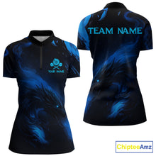 Load image into Gallery viewer, Personalized Black And Blue Flames Dragon Dart Quarter-Zip Shirts For Women Dart Team Jerseys NYN2188
