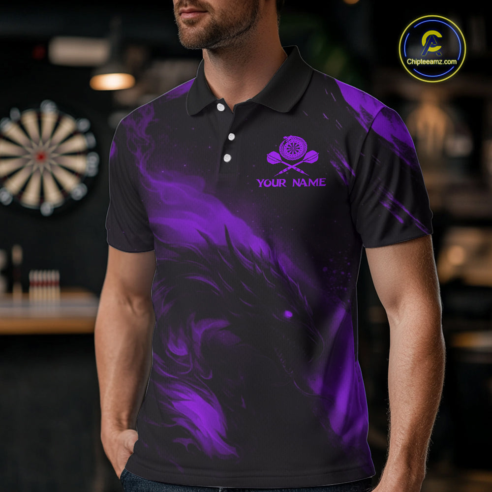 Personalized Black And Purple Flames Dragon Dart Polo Shirts For Men Dart Team Jerseys NYN2190