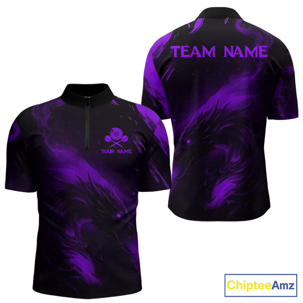 Personalized Black And Purple Flames Dragon Dart Quarter-Zip Shirts For Men Dart Team Jerseys NYN2190