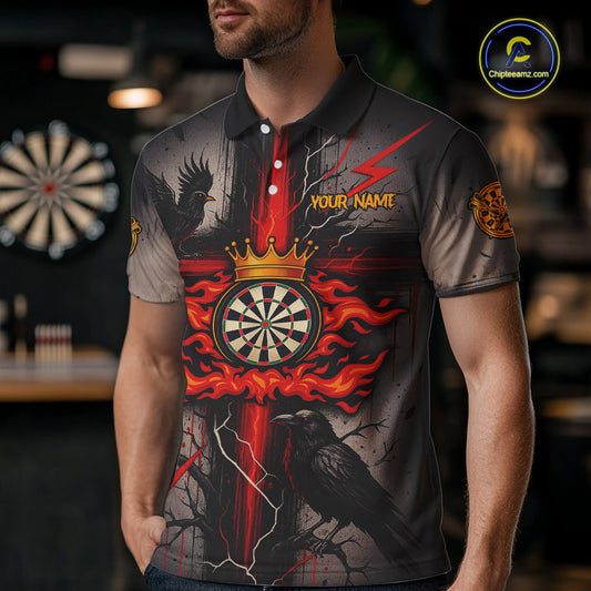 Personalized Raven Red Flames Crown Darts Polo Shirts For Men Cross Dart Gothic Jerseys NYN2194