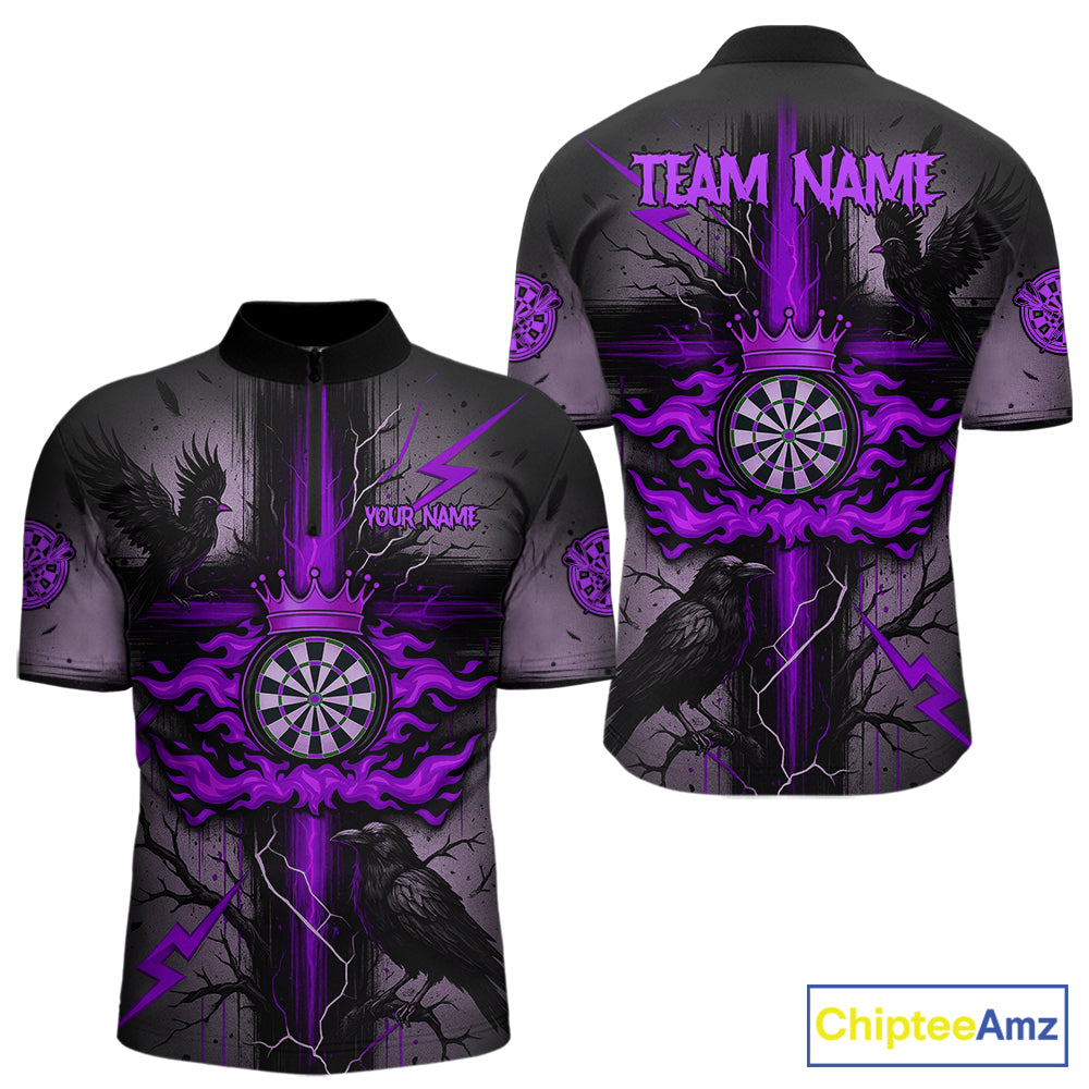 Personalized Raven Purple Flames Crown Darts Quarter-Zip Shirts For Men Cross Dart Gothic Jerseys NYN2195