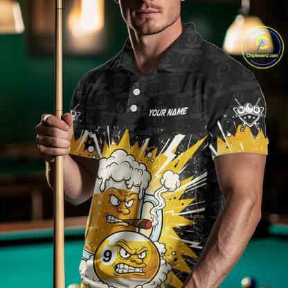 Funny Smoke Beer Pool 9 Ball Men's Billiard Team Shirt Custom Billiard Polo & 1/4 Zip Attire NYN2472
