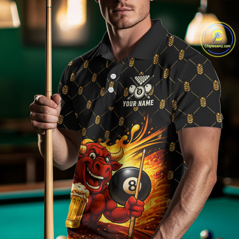Beer & Funny Bull Play Pool 8 Ball Men Billiard Team Shirt Custom Billiard Polo & 1/4 Zip Attire NYN2475