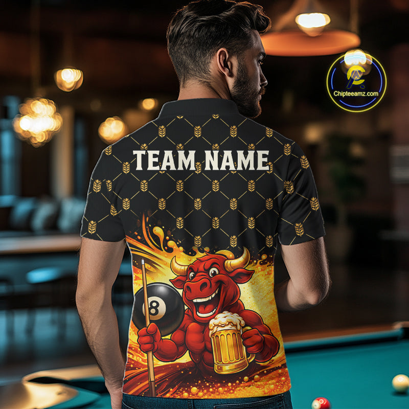 Beer & Funny Bull Play Pool 8 Ball Men Billiard Team Shirt Custom Billiard Polo & 1/4 Zip Attire NYN2475